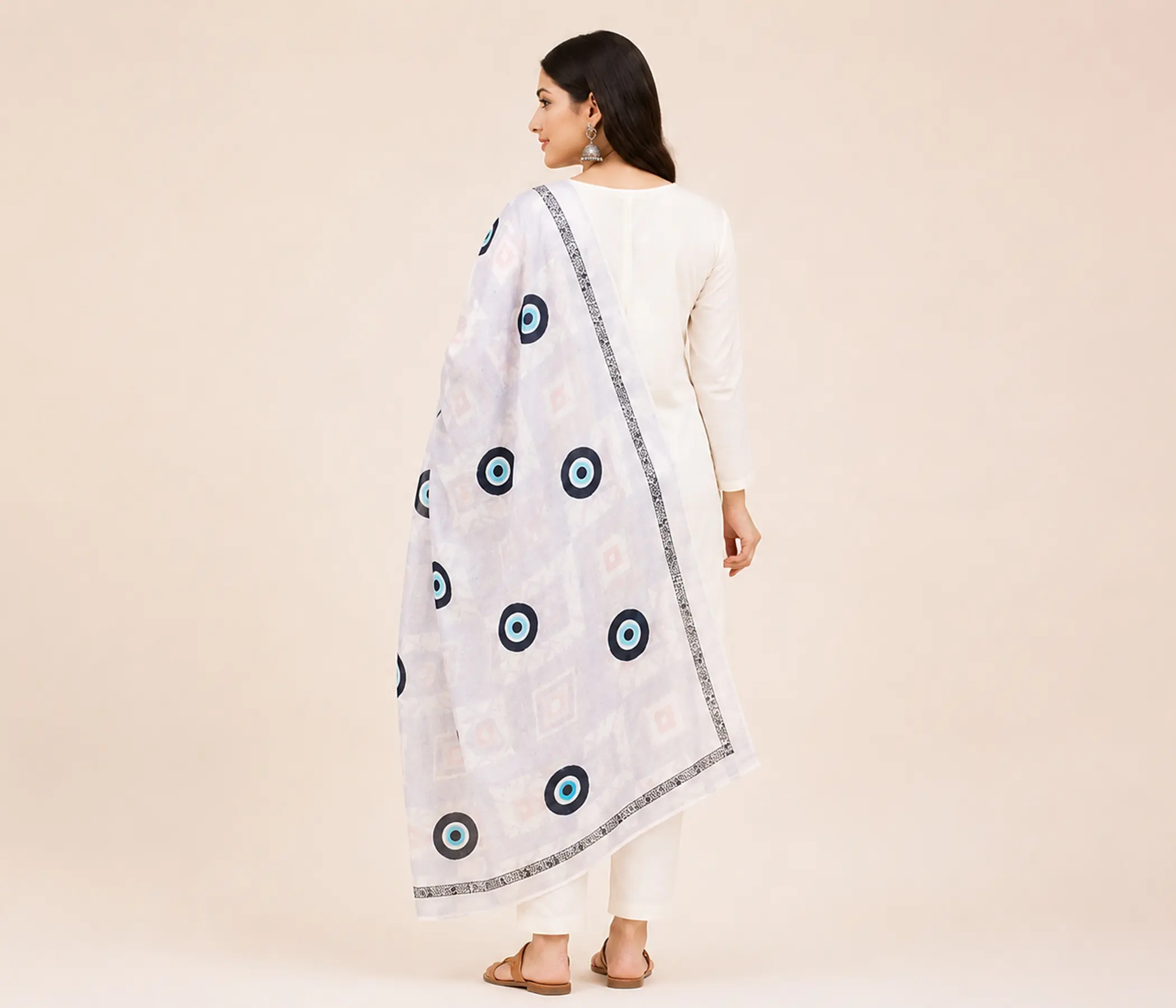 Hand-Painted White Cotton Dupatta with Evil Eye Charms